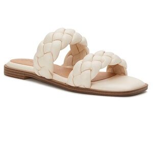 Time and Tru Women’s Braided Two Band Flat Cream Square Toe Sandals